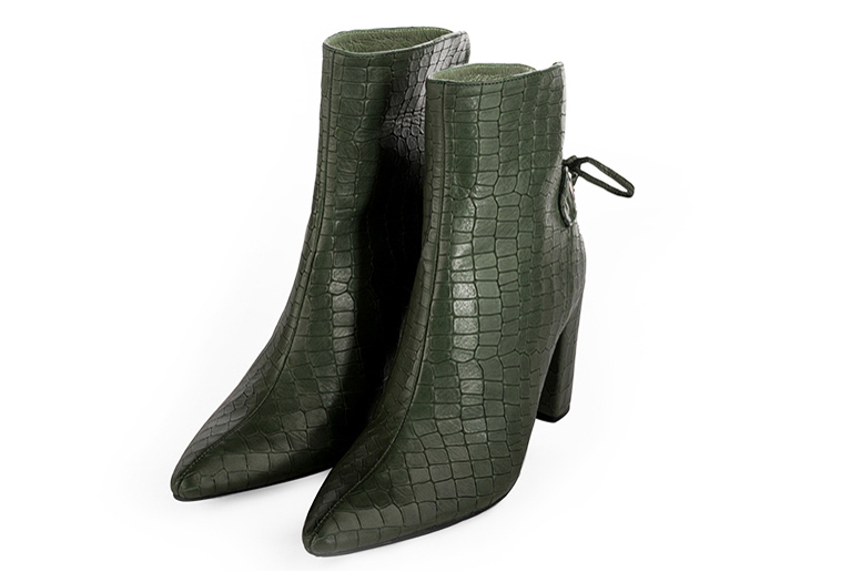Forest green women's ankle boots with laces at the back. Tapered toe. High block heels. Front view - Florence KOOIJMAN